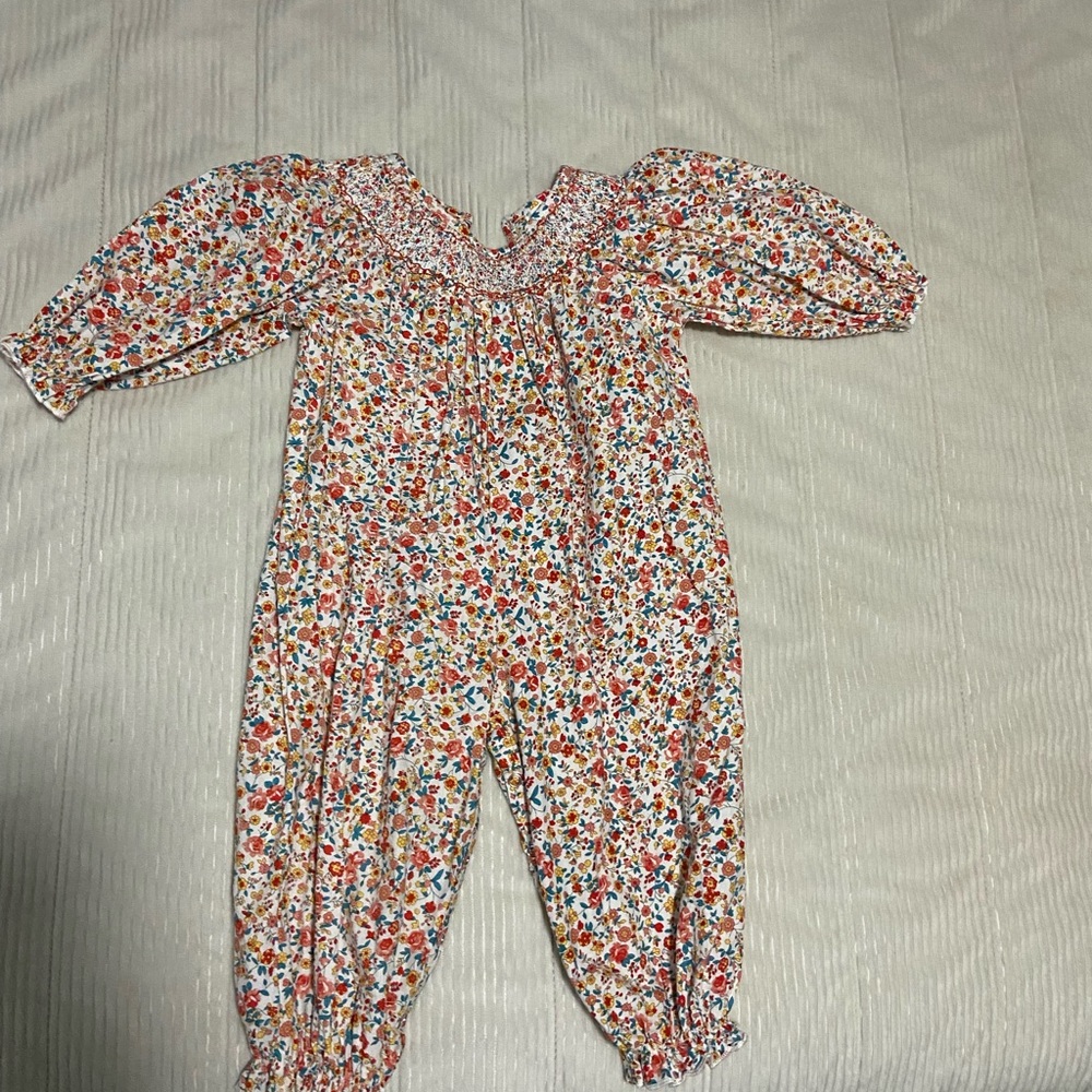 Smocked Floral Baby One-Piece Footie Romper - White with Multicolor Flowers